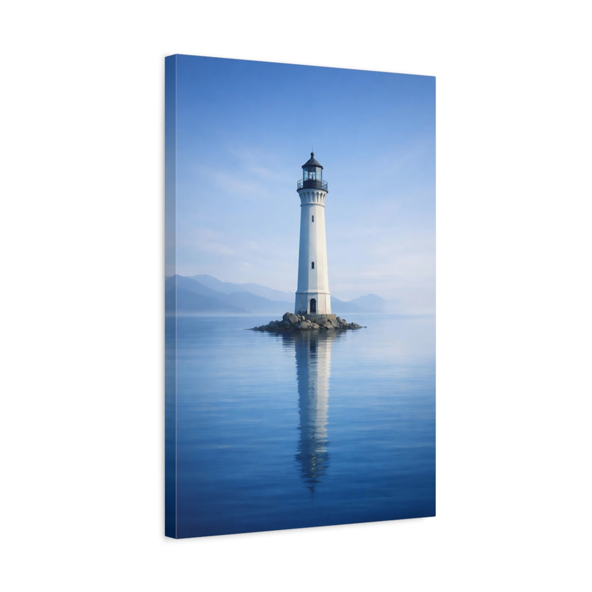 Side Mockup 3. Nature Lighthouse Blue And White Lighthouse shown as stretched canvas wall art