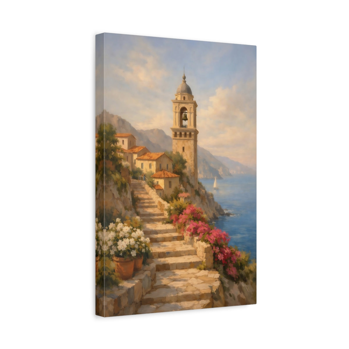 Side Mockup 4. Nature Coastal Village Mediterranean Coastal Village shown as stretched canvas wall art