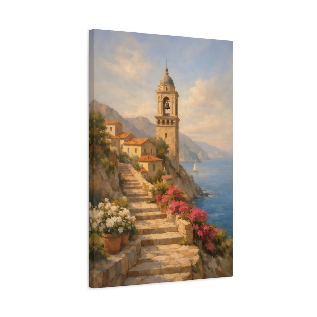 Side Mockup 2. Nature Coastal Village Mediterranean Coastal Village shown as stretched canvas wall art