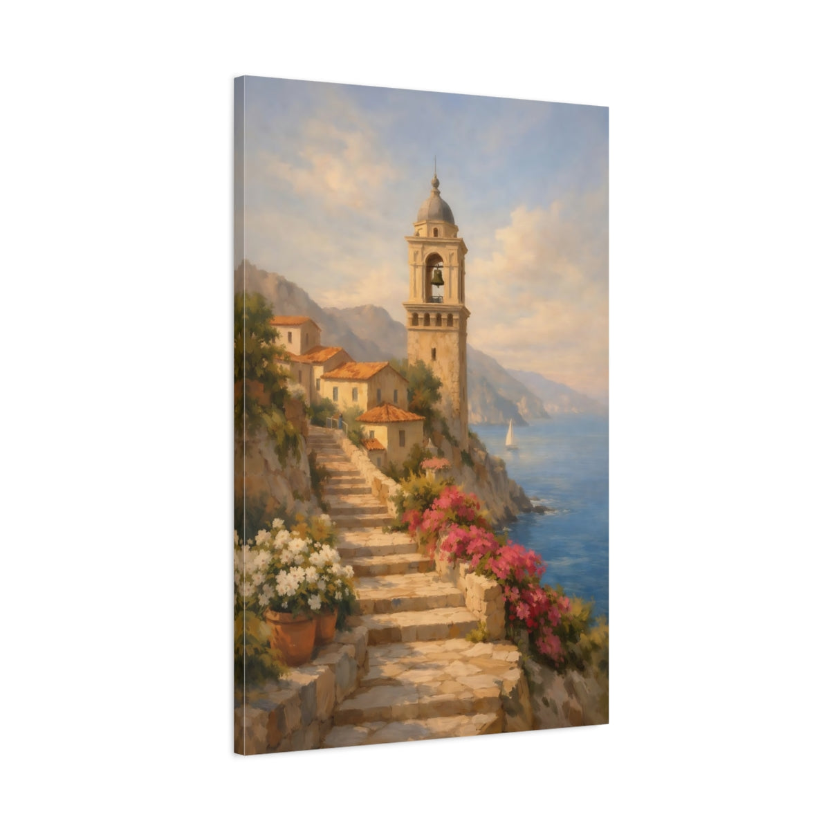 Side Mockup 1. Nature Coastal Village Mediterranean Coastal Village shown as stretched canvas wall art
