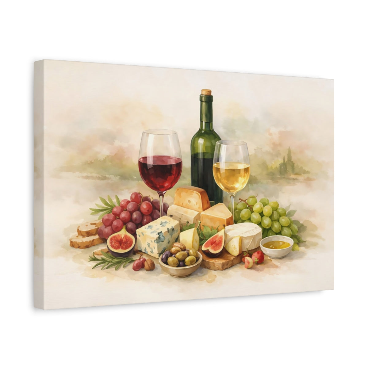 Watercolor Wine Pairing And Cheese Nature - Canvas Wall Art Print