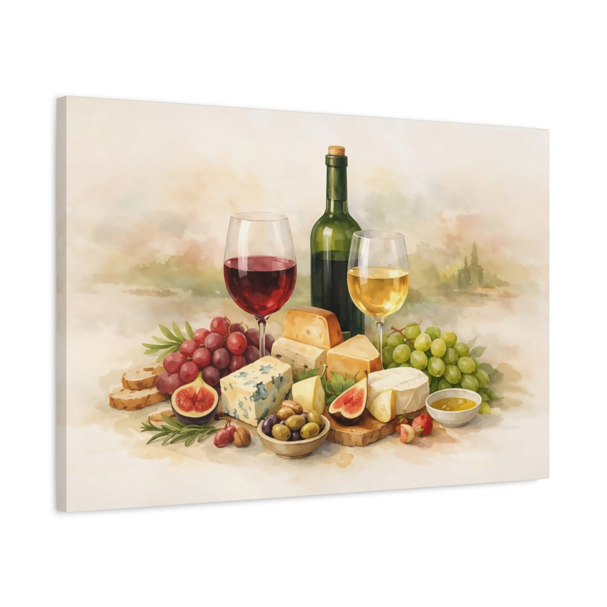 Watercolor Wine Pairing And Cheese Nature - Canvas Wall Art Print