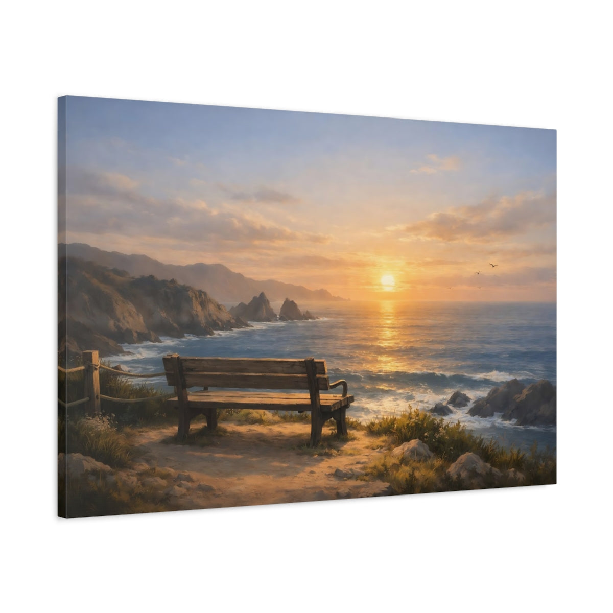 Side Mockup 1. Vintage Ocean Overlook shown as stretched canvas wall art