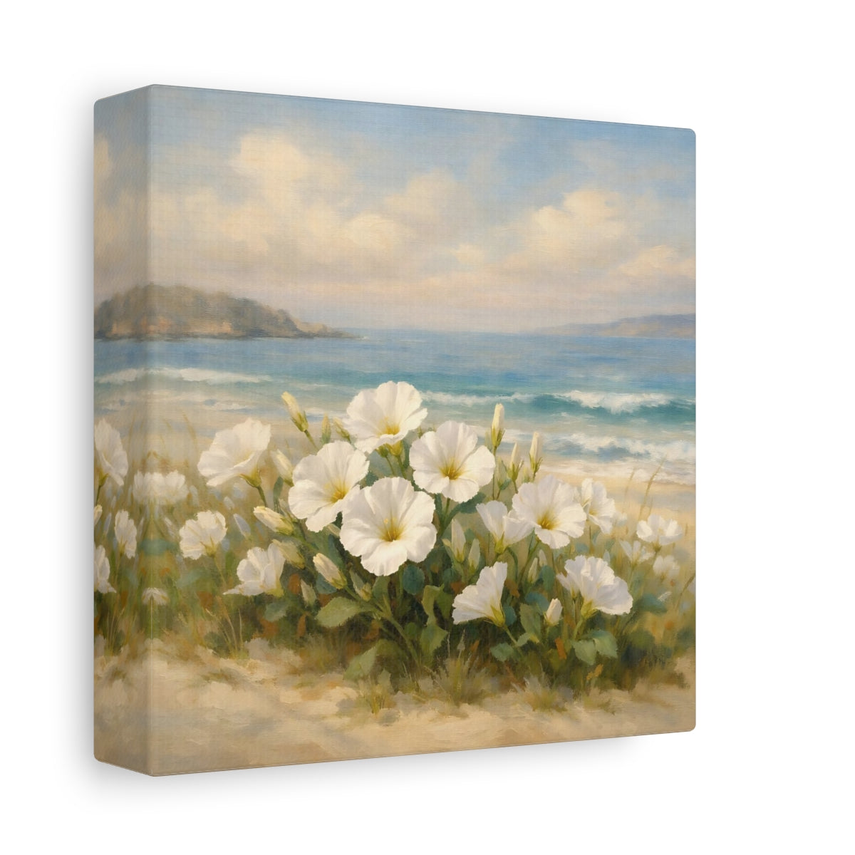 Side Mockup 1. Nature White Flowers Coastal Floral shown as stretched canvas wall art