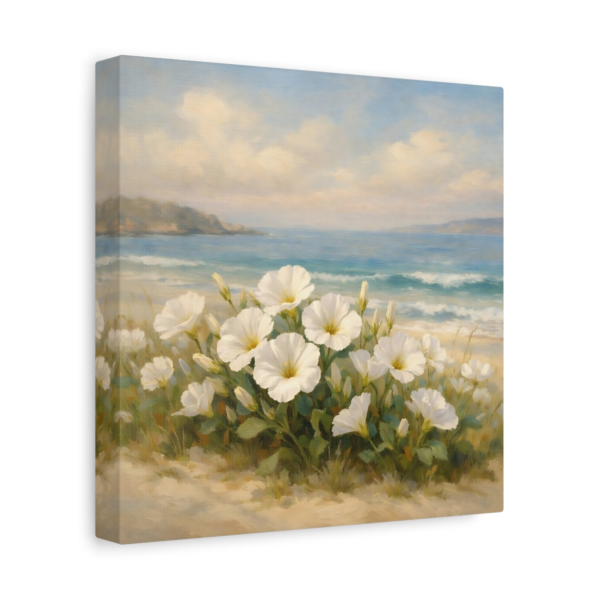 Side Mockup 9. Nature White Flowers Coastal Floral shown as stretched canvas wall art