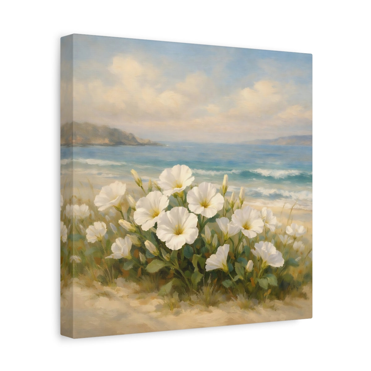 Side Mockup 8. Nature White Flowers Coastal Floral shown as stretched canvas wall art