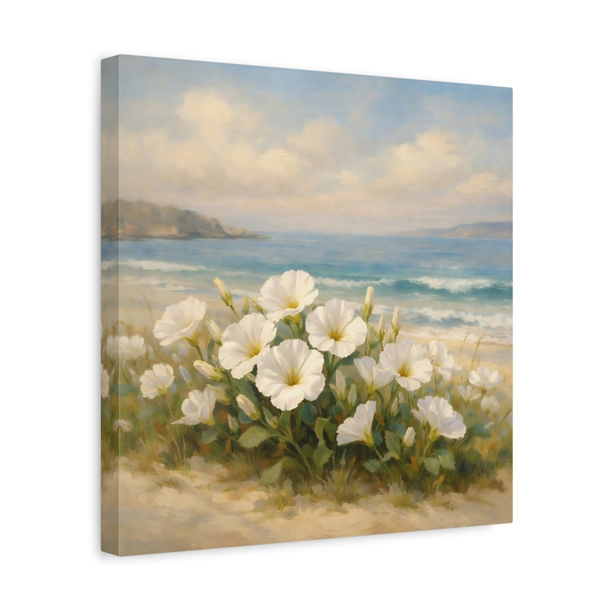 Side Mockup 7. Nature White Flowers Coastal Floral shown as stretched canvas wall art