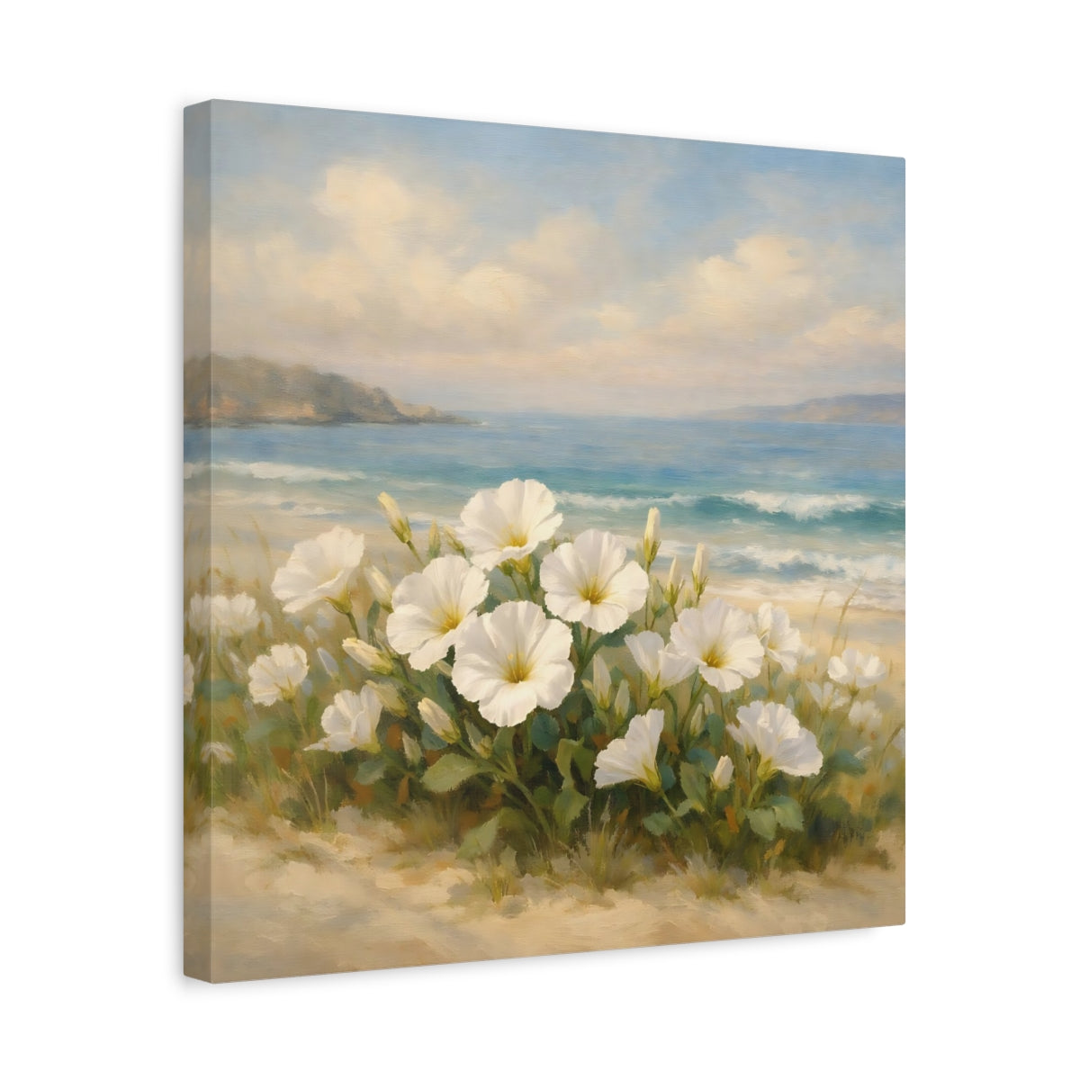 Side Mockup 6. Nature White Flowers Coastal Floral shown as stretched canvas wall art