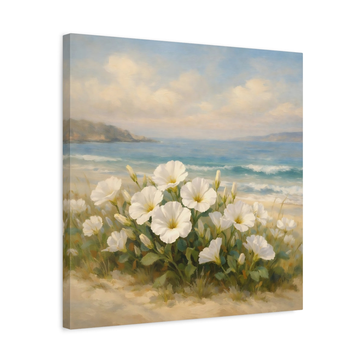 Side Mockup 5. Nature White Flowers Coastal Floral shown as stretched canvas wall art