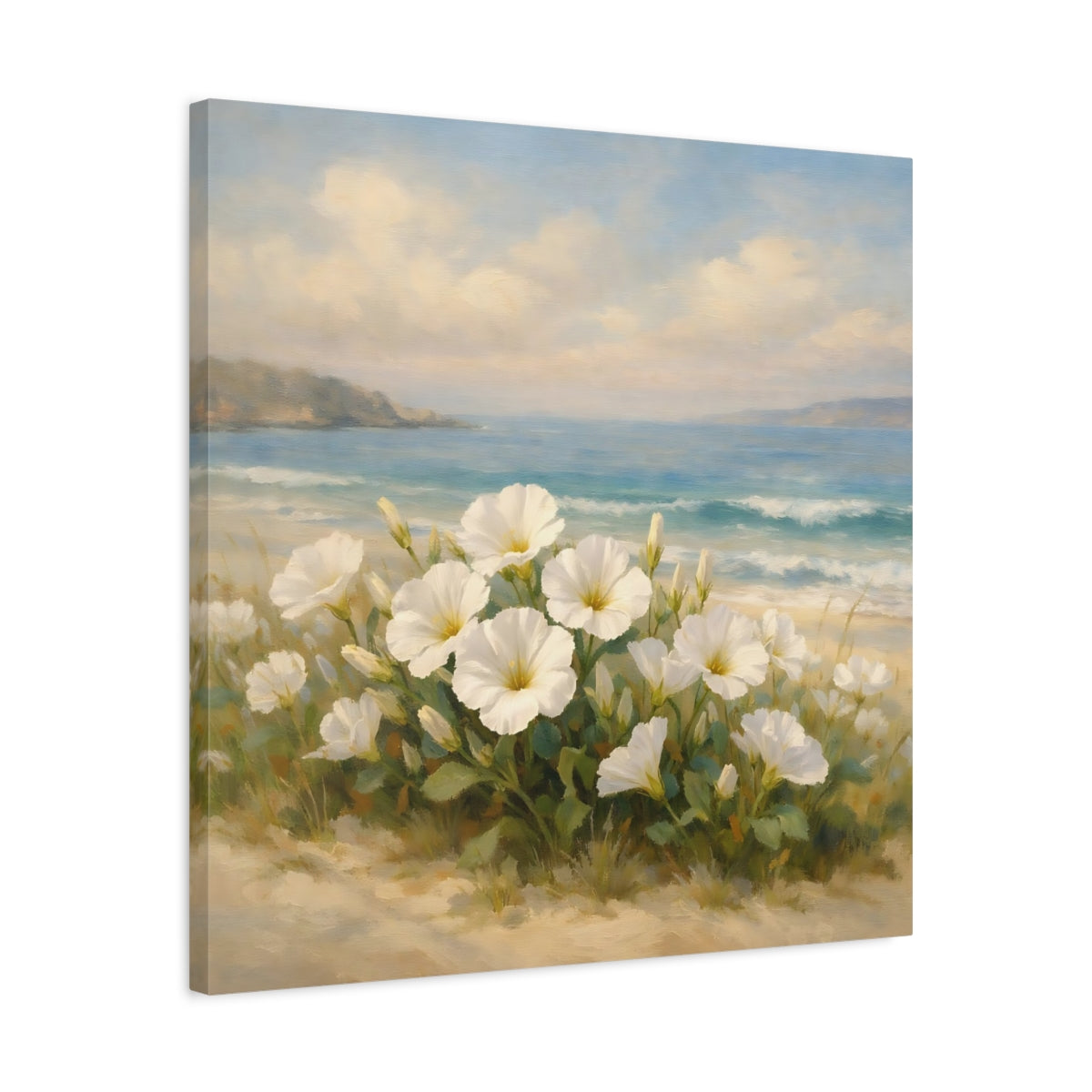 Side Mockup 4. Nature White Flowers Coastal Floral shown as stretched canvas wall art