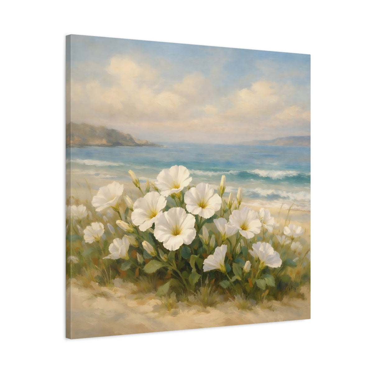 Side Mockup 3. Nature White Flowers Coastal Floral shown as stretched canvas wall art