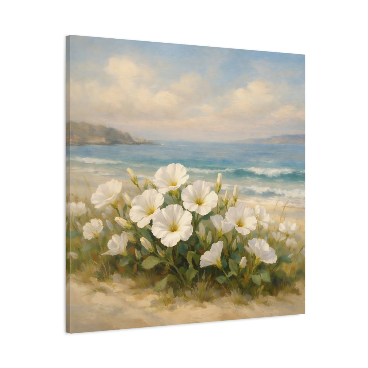 Side Mockup 2. Nature White Flowers Coastal Floral shown as stretched canvas wall art