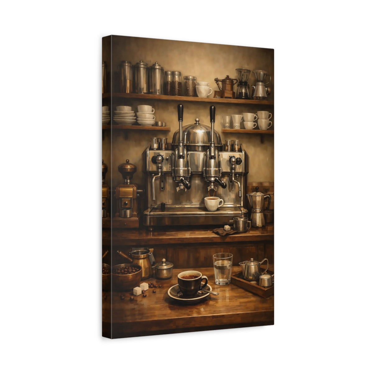 Side Mockup 4. Vintage Espresso Machine Brown Coffee Setup shown as stretched canvas wall art