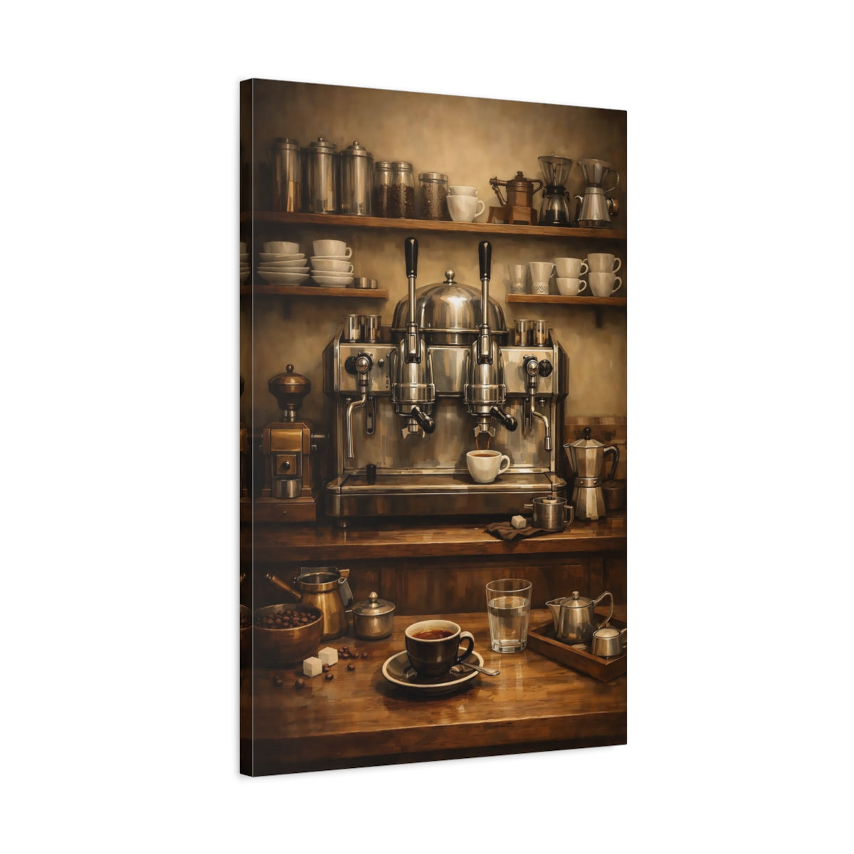 Side Mockup 2. Vintage Espresso Machine Brown Coffee Setup shown as stretched canvas wall art