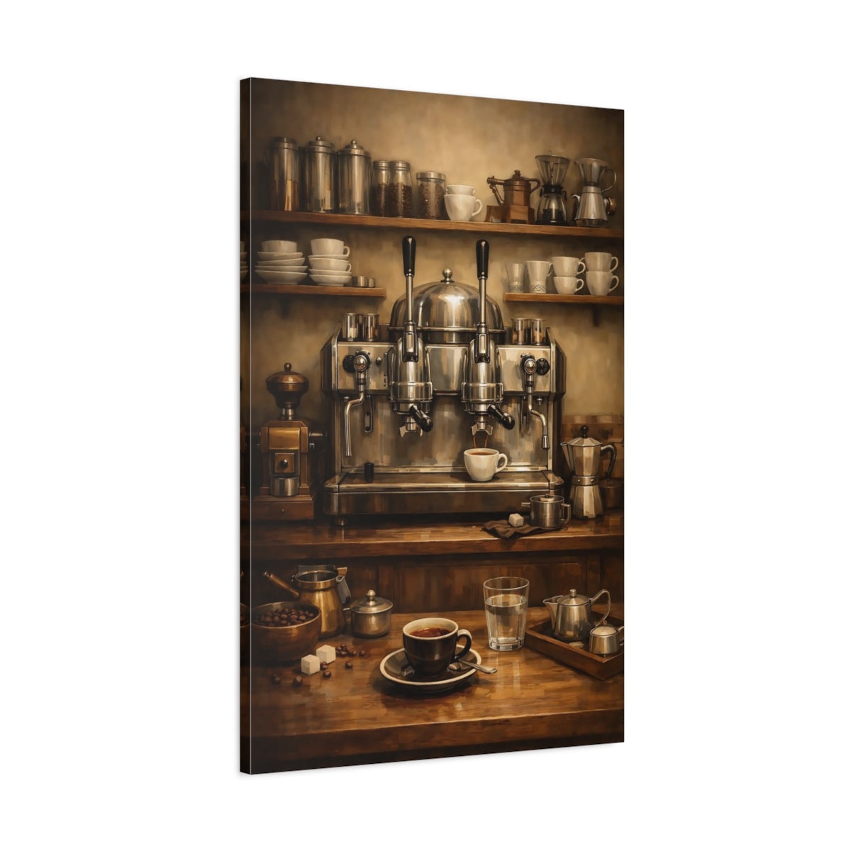 Side Mockup 1. Vintage Espresso Machine Brown Coffee Setup shown as stretched canvas wall art