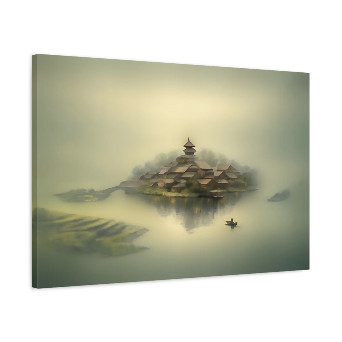 Mist Depth Waterway Village Pagoda Island Nature - Canvas Wall Art Print