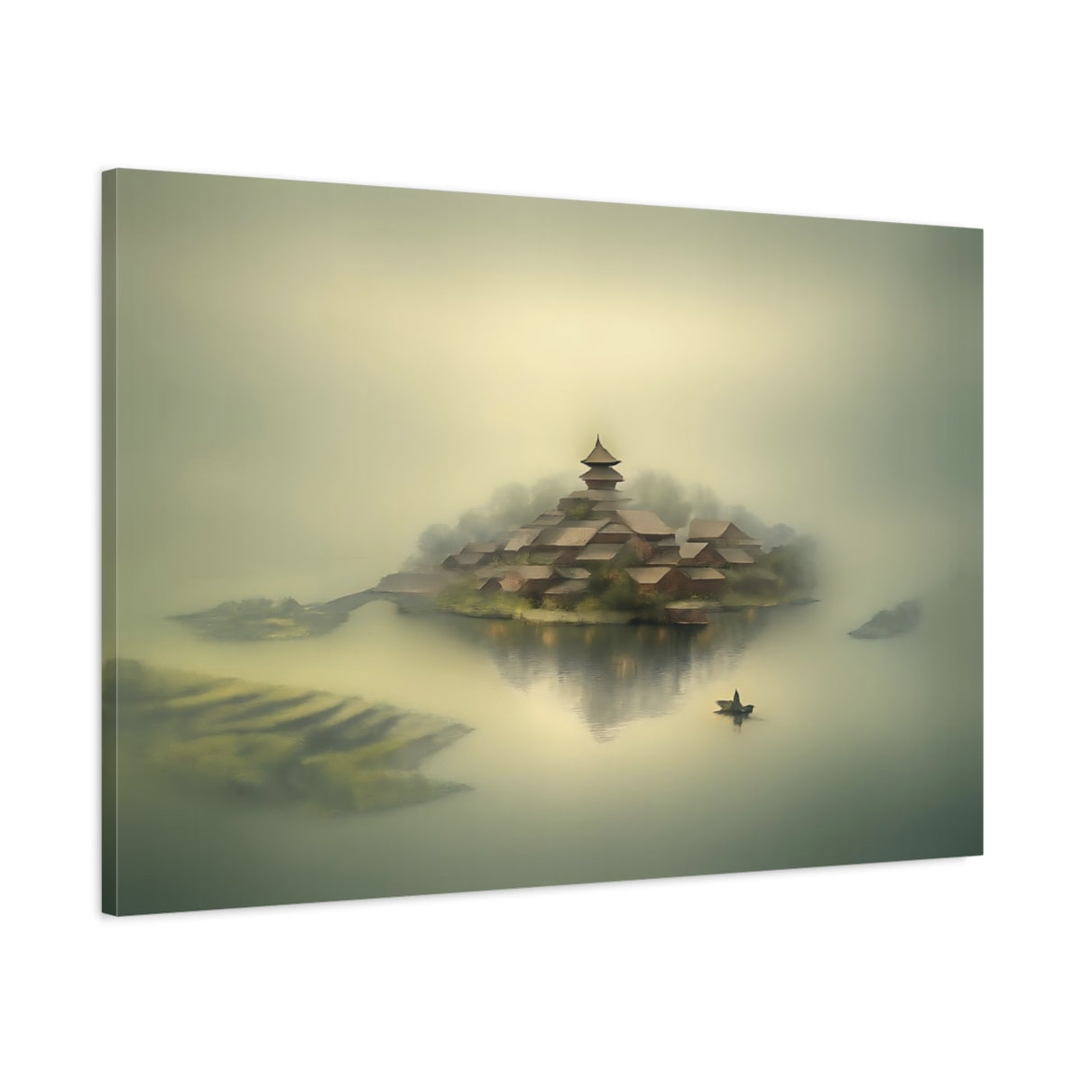 Mist Depth Waterway Village Pagoda Island Nature - Canvas Wall Art Print