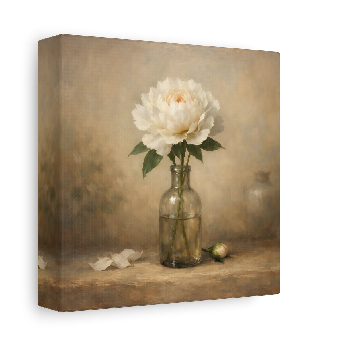 Side Mockup 1. Floral White Peony White Peony shown as stretched canvas wall art