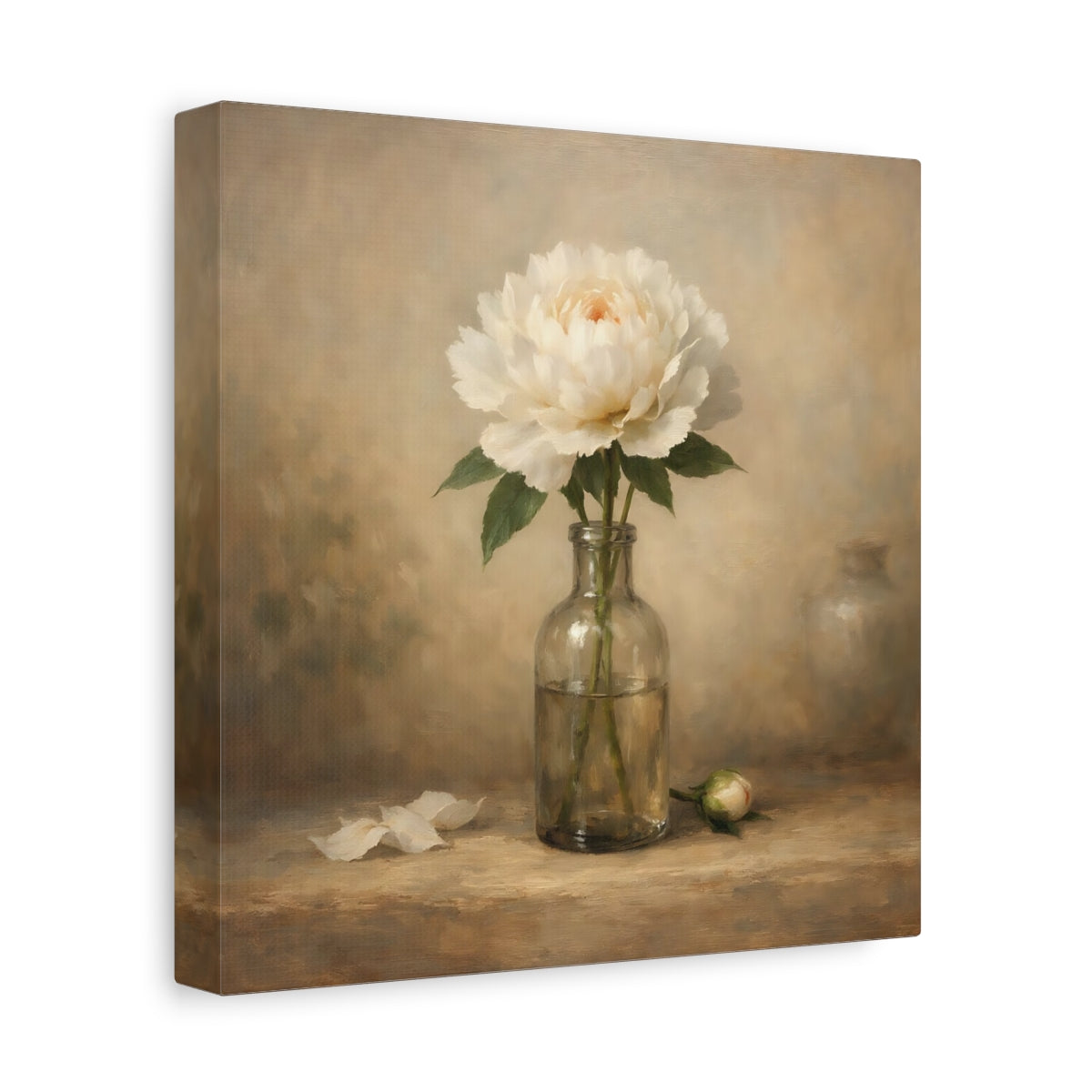 Side Mockup 9. Floral White Peony White Peony shown as stretched canvas wall art
