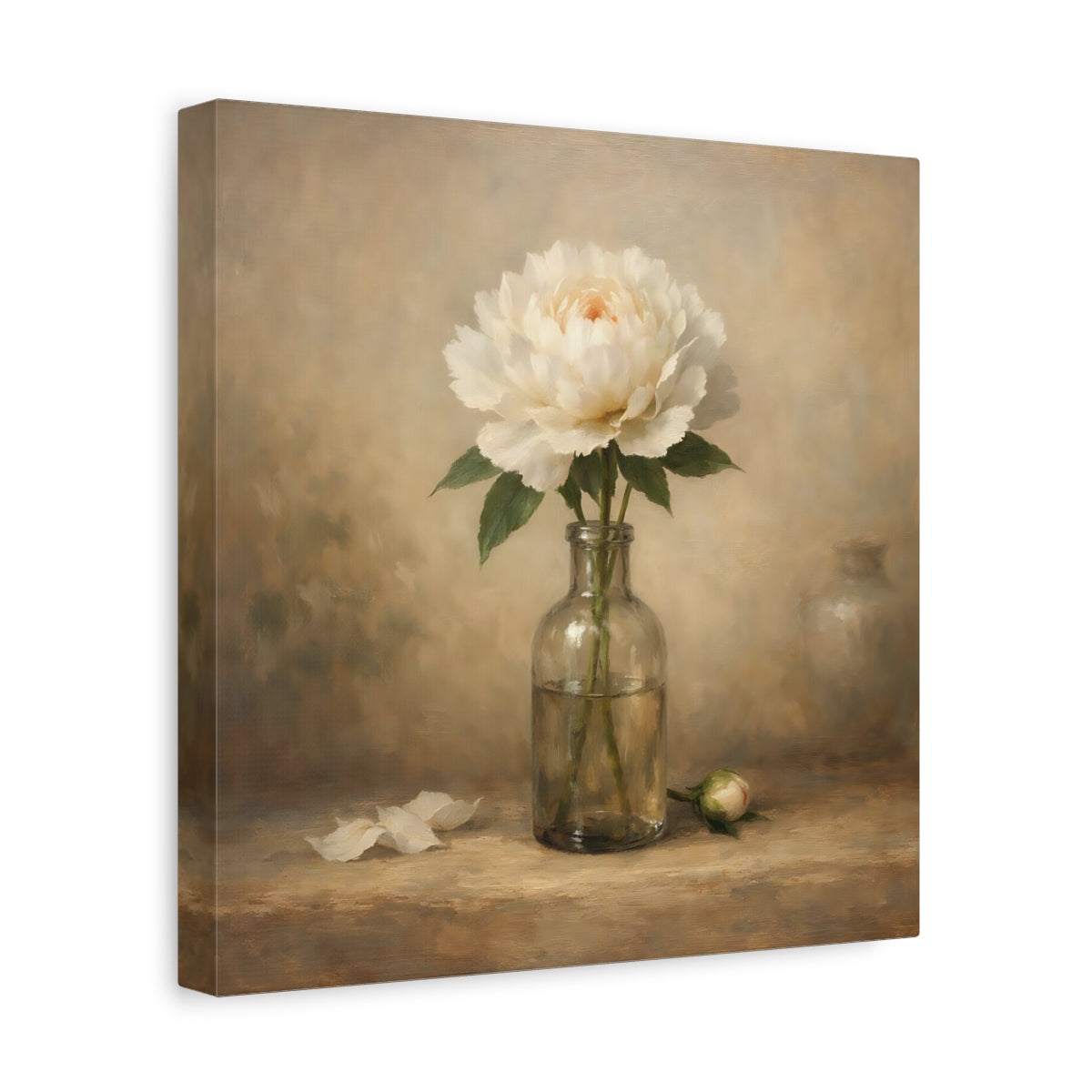 Side Mockup 8. Floral White Peony White Peony shown as stretched canvas wall art