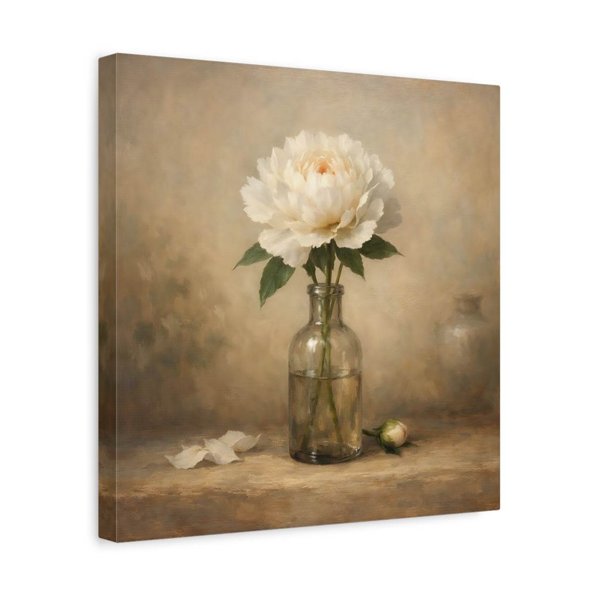 Side Mockup 7. Floral White Peony White Peony shown as stretched canvas wall art