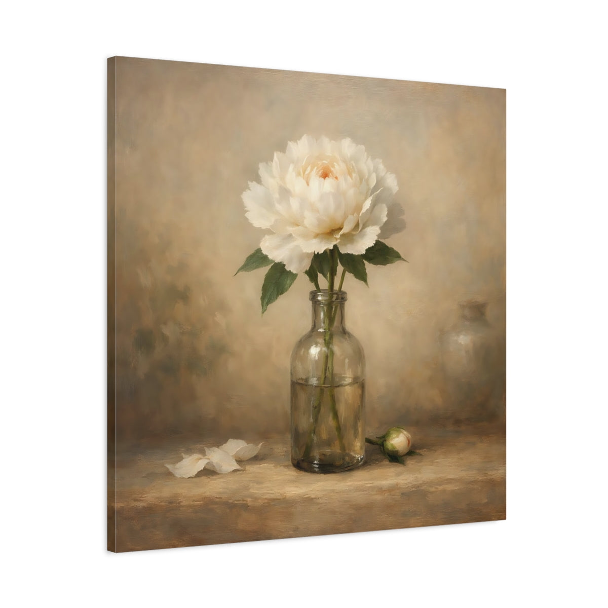 Side Mockup 3. Floral White Peony White Peony shown as stretched canvas wall art