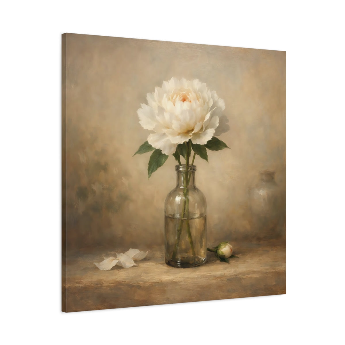 Side Mockup 2. Floral White Peony White Peony shown as stretched canvas wall art
