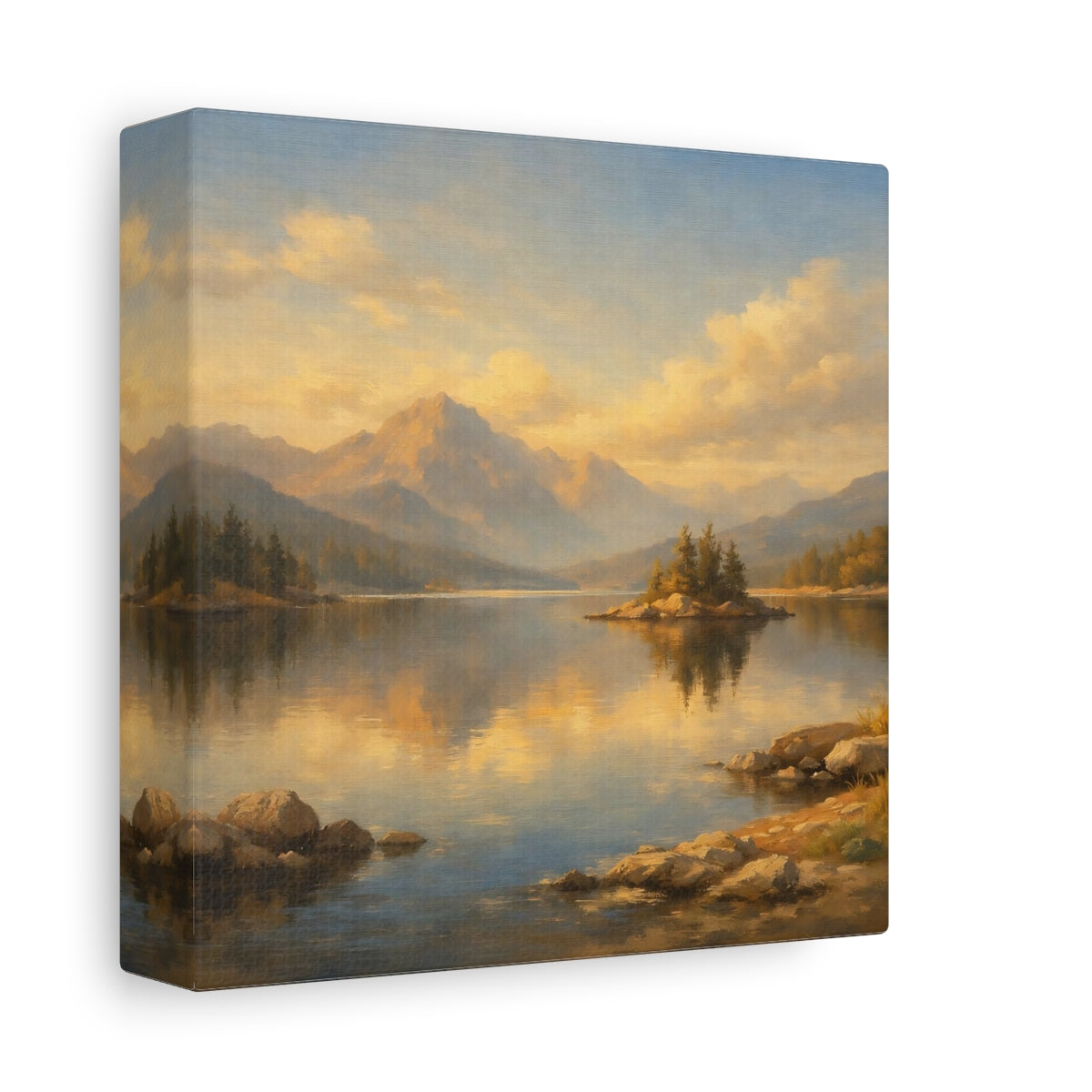 Side Mockup 1. Nature Mountain Lake Golden Mountain Lake shown as stretched canvas wall art