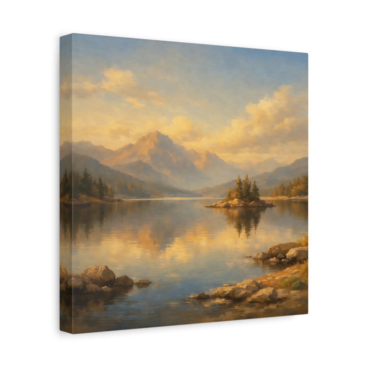 Side Mockup 8. Nature Mountain Lake Golden Mountain Lake shown as stretched canvas wall art