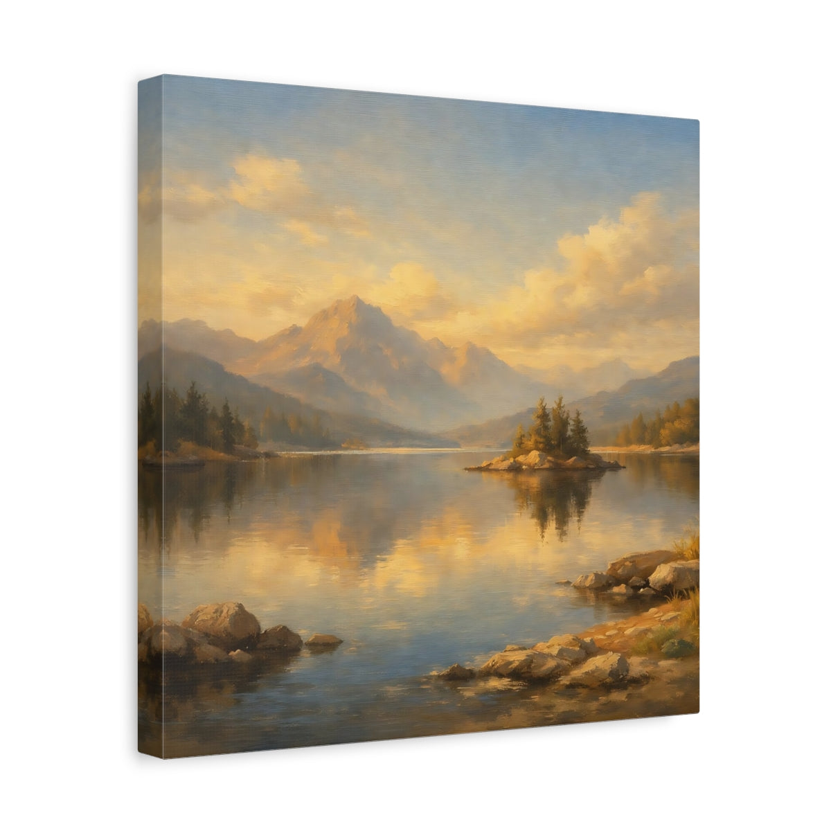 Side Mockup 7. Nature Mountain Lake Golden Mountain Lake shown as stretched canvas wall art