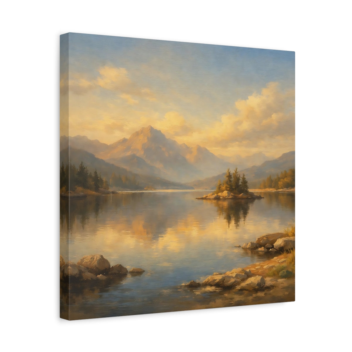 Side Mockup 6. Nature Mountain Lake Golden Mountain Lake shown as stretched canvas wall art