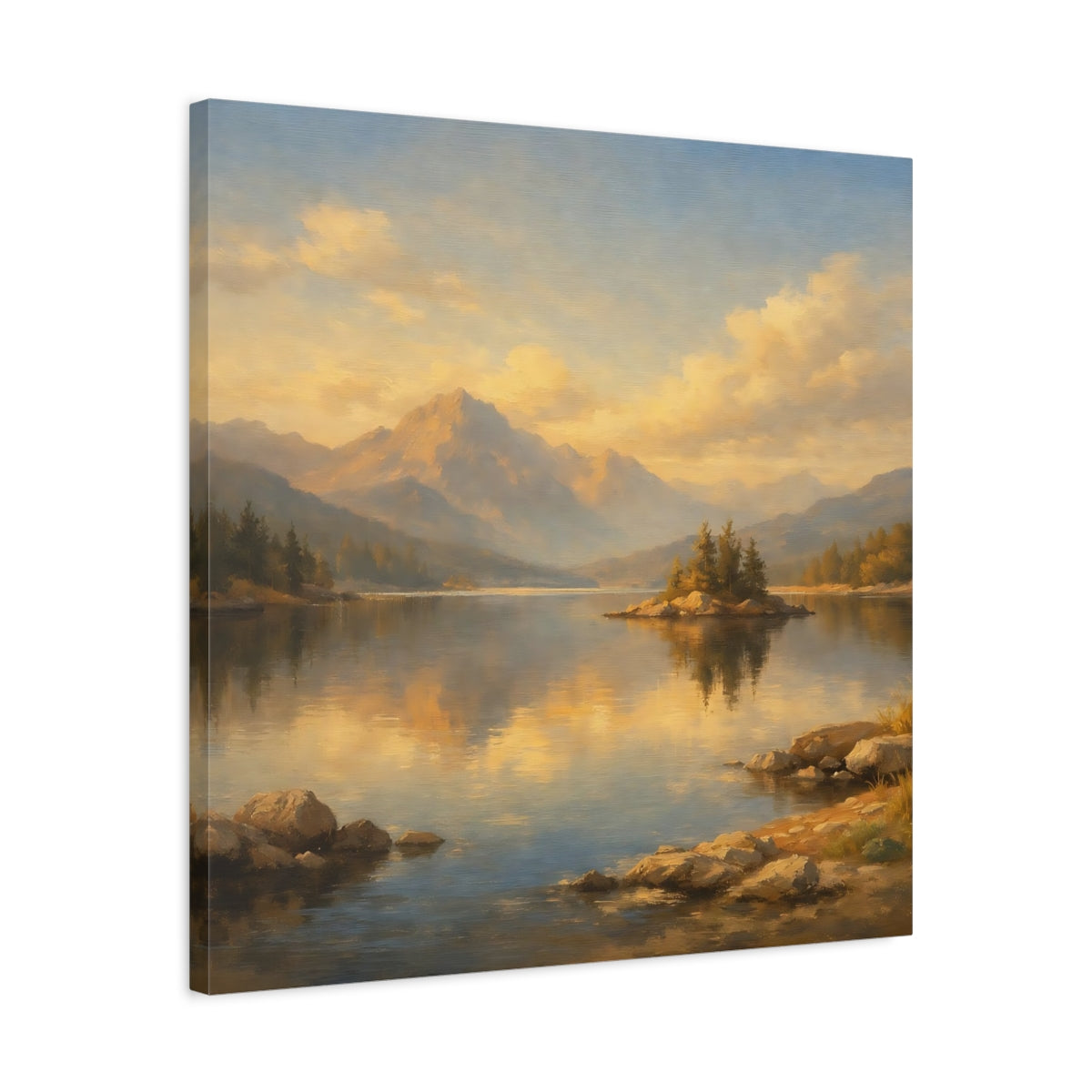 Side Mockup 4. Nature Mountain Lake Golden Mountain Lake shown as stretched canvas wall art