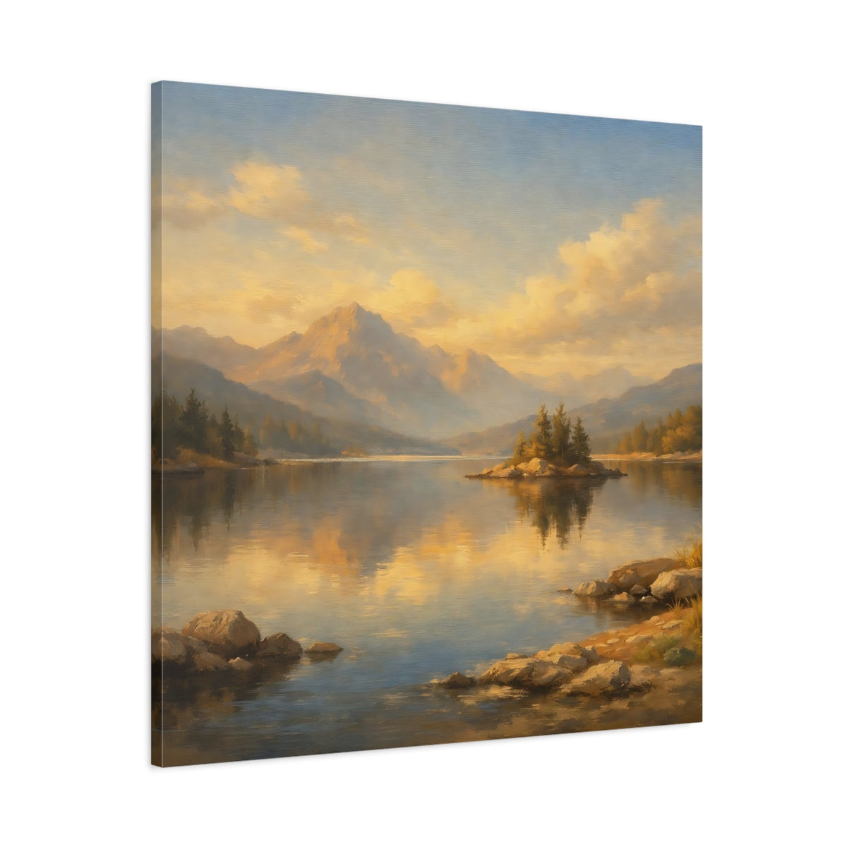 Side Mockup 2. Nature Mountain Lake Golden Mountain Lake shown as stretched canvas wall art