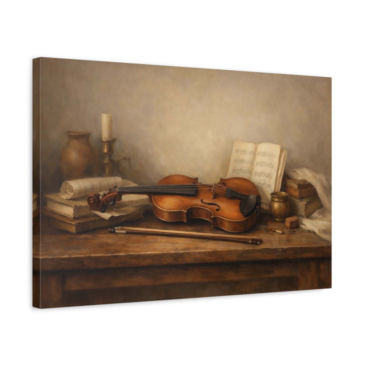 Side Mockup 3. Neutral Violin On Wooden Table Scene shown as stretched canvas wall art