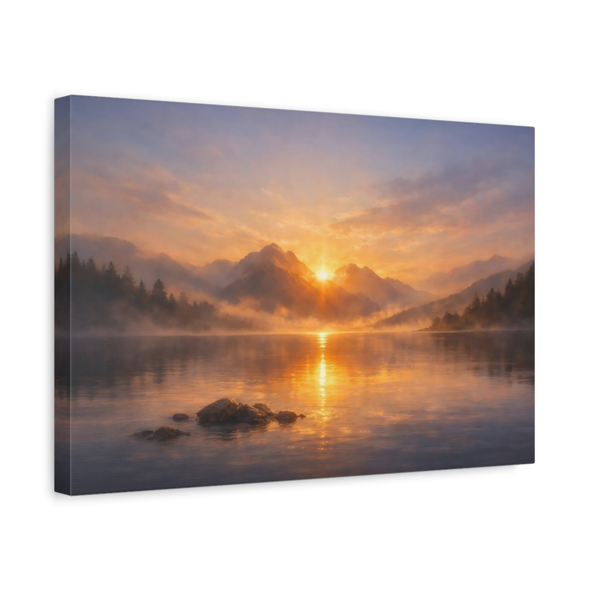 Mist Depth Sunset Water Mountain Lake Nature - Canvas Wall Art Print