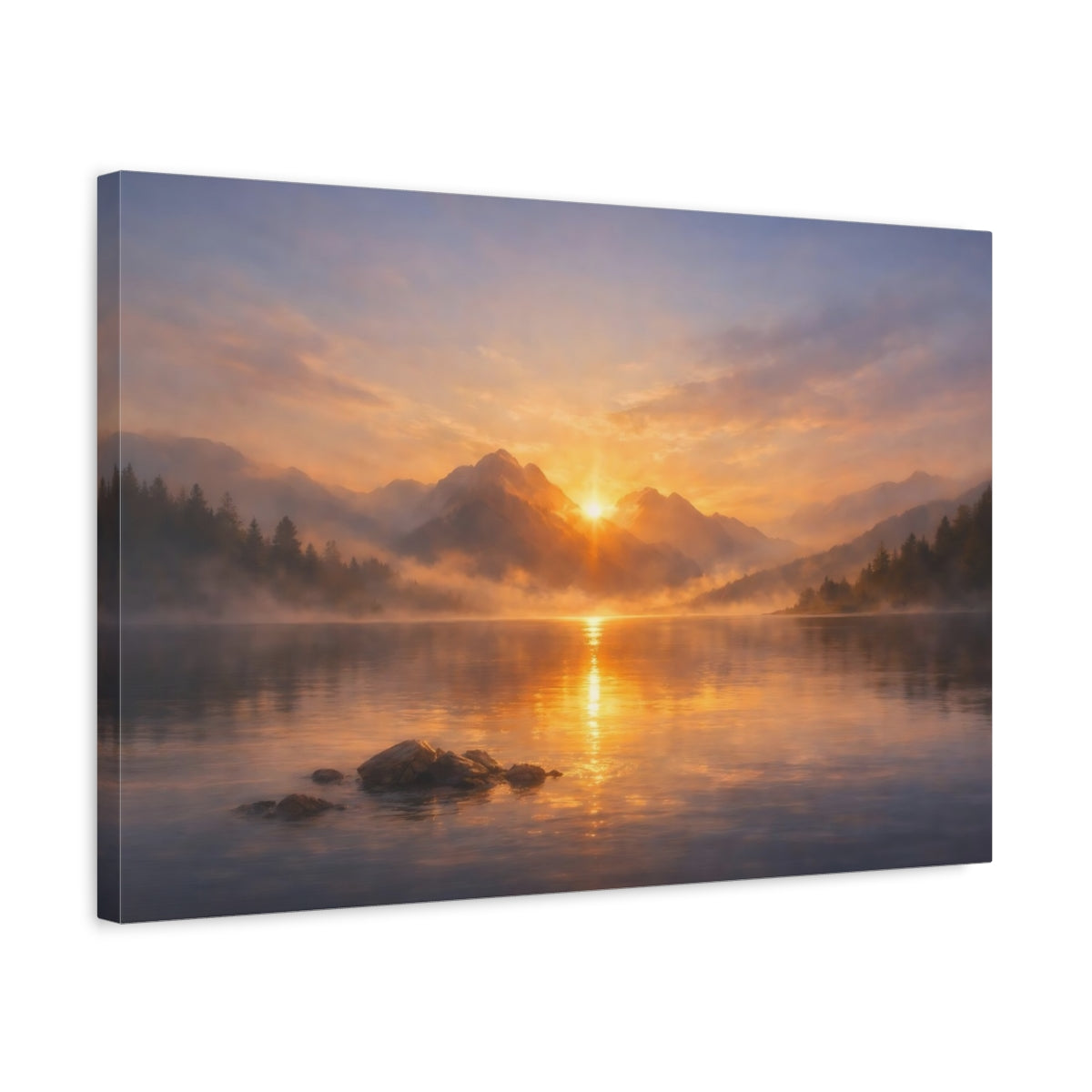 Mist Depth Sunset Water Mountain Lake Nature - Canvas Wall Art Print