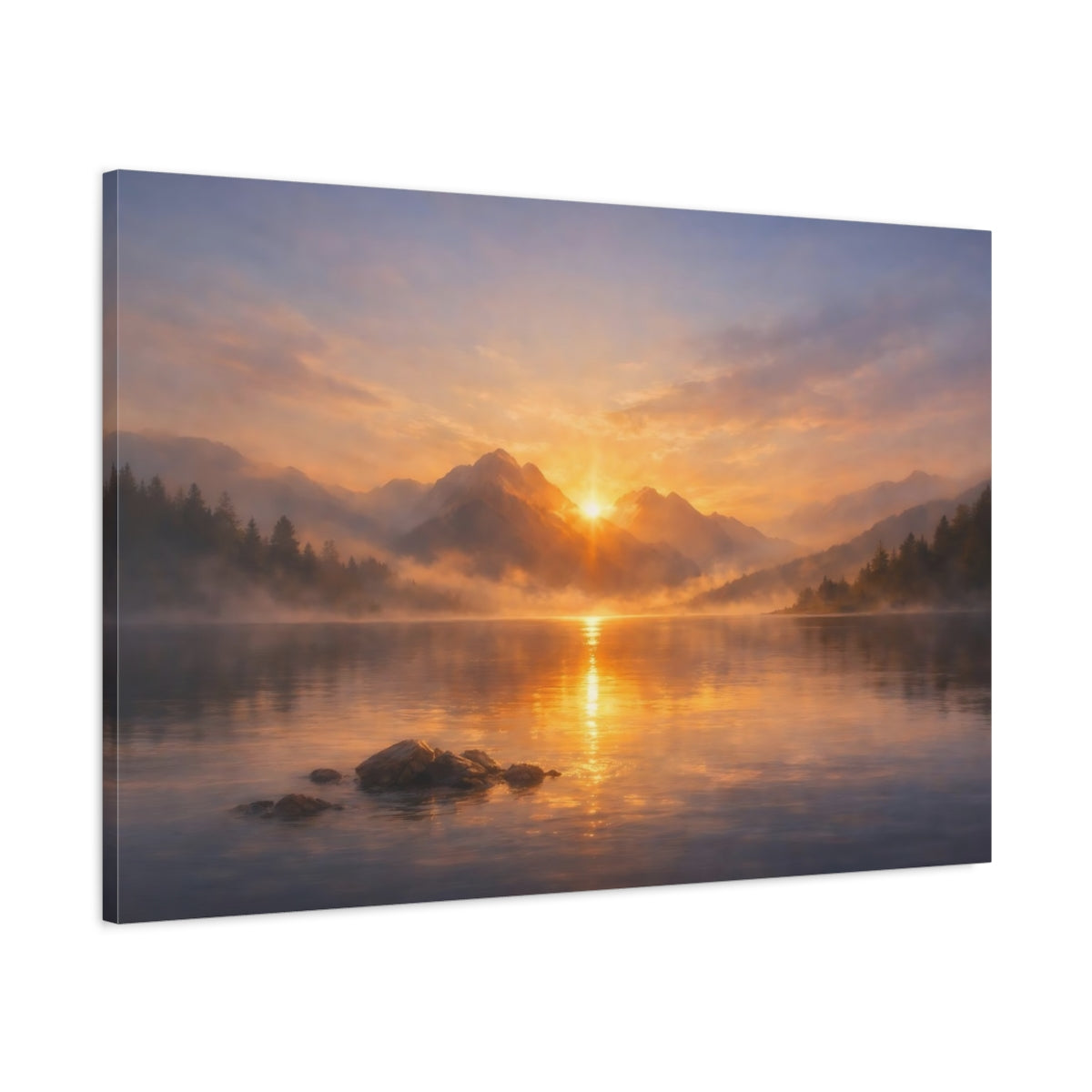 Mist Depth Sunset Water Mountain Lake Nature - Canvas Wall Art Print