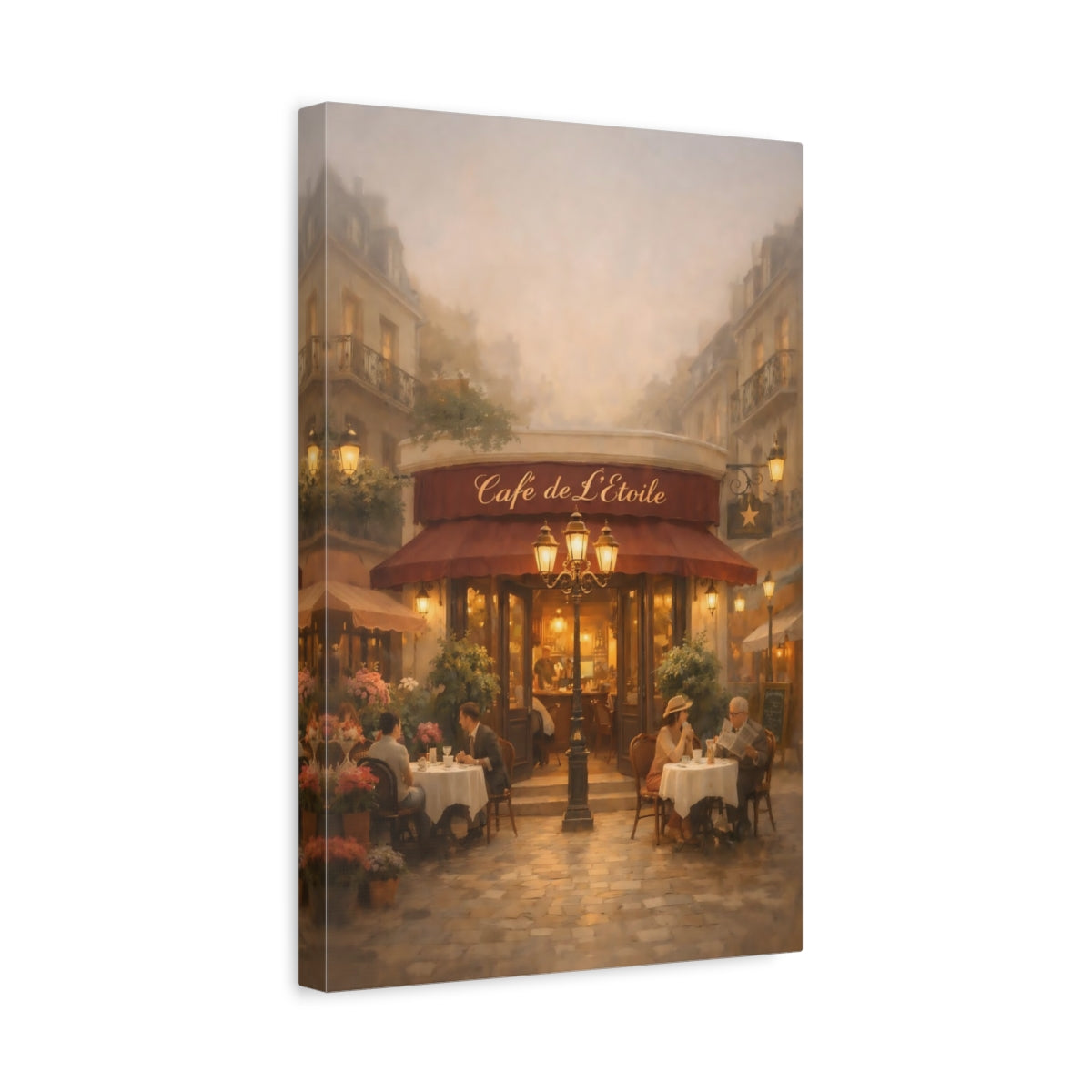 Side Mockup 4. Vintage Street Cafe Parisian Cafe shown as stretched canvas wall art
