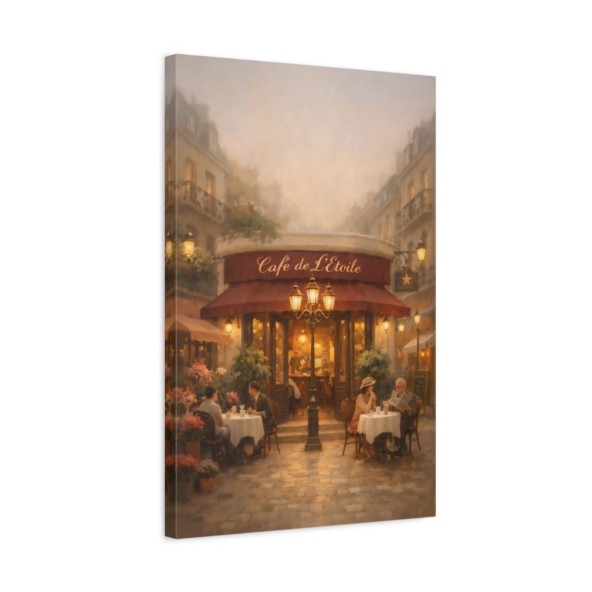 Side Mockup 3. Vintage Street Cafe Parisian Cafe shown as stretched canvas wall art