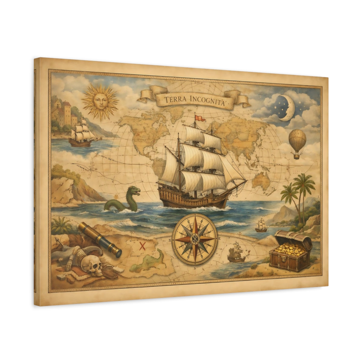 Modern Vintage Map Sailing Ship - Canvas Wall Art Print