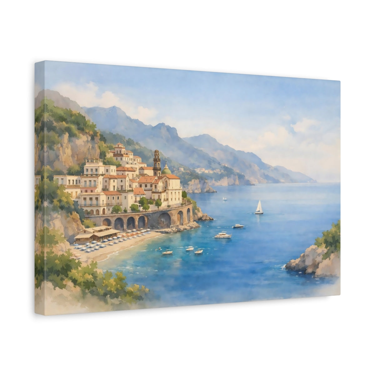 Watercolor Amalfi Coast Coastal Town Nature - Canvas Wall Art Print