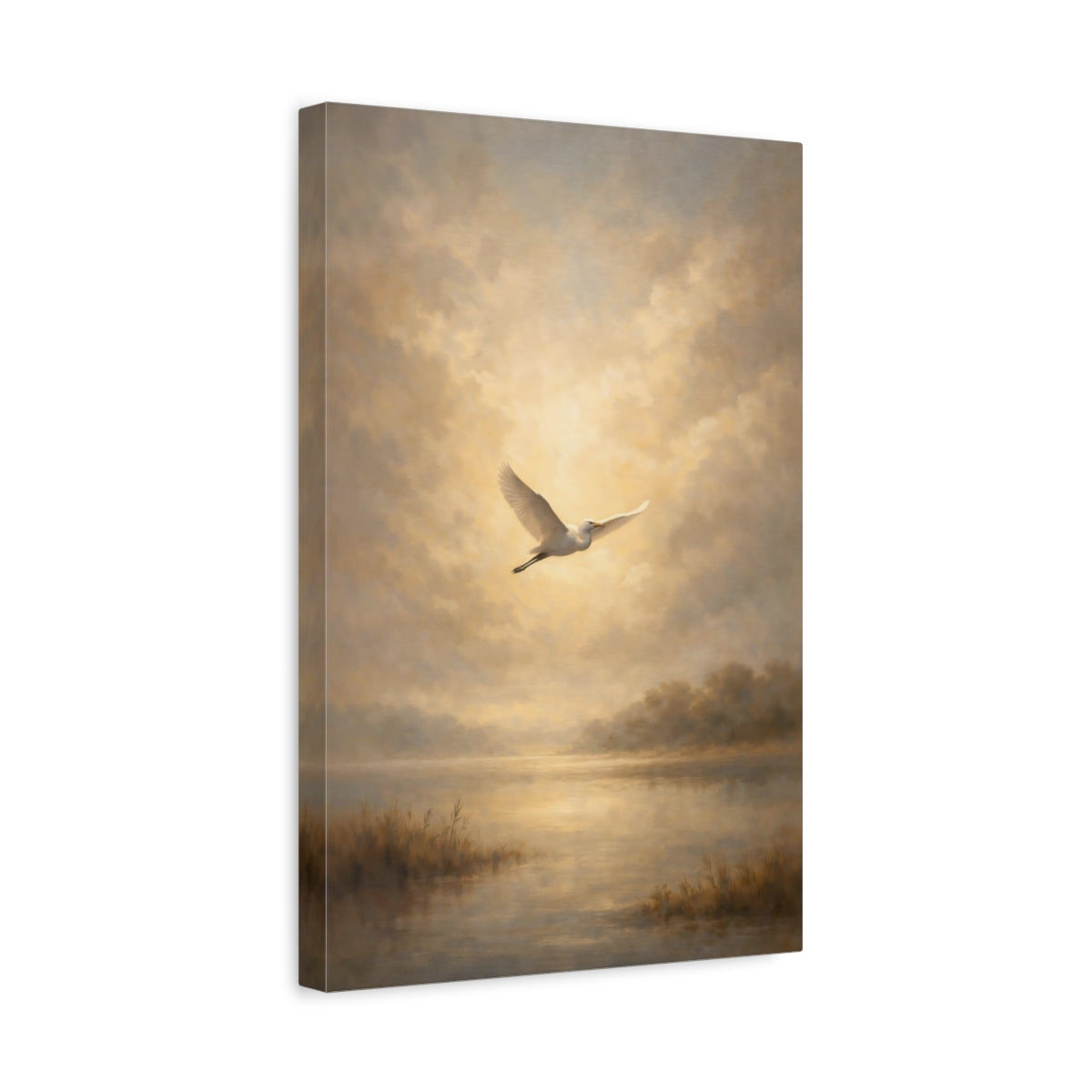 Side Mockup 4. Nature Egret Golden Egret shown as stretched canvas wall art