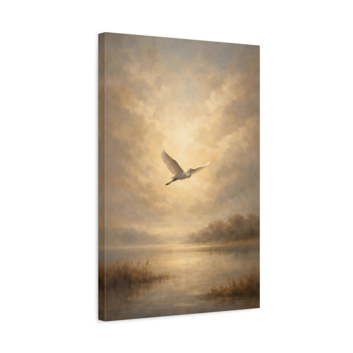 Side Mockup 3. Nature Egret Golden Egret shown as stretched canvas wall art