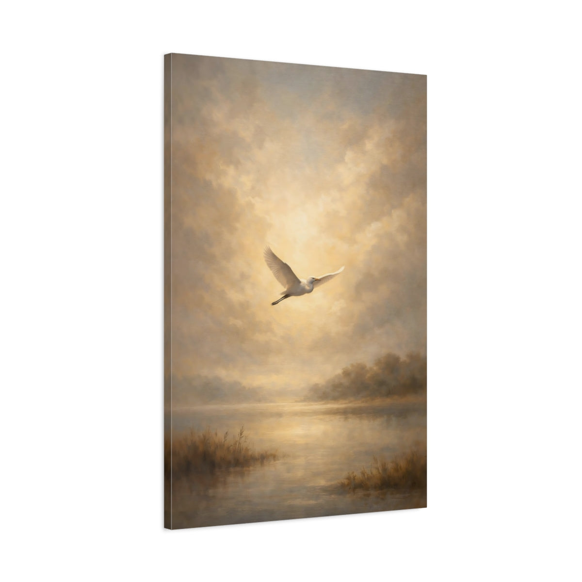 Side Mockup 1. Nature Egret Golden Egret shown as stretched canvas wall art