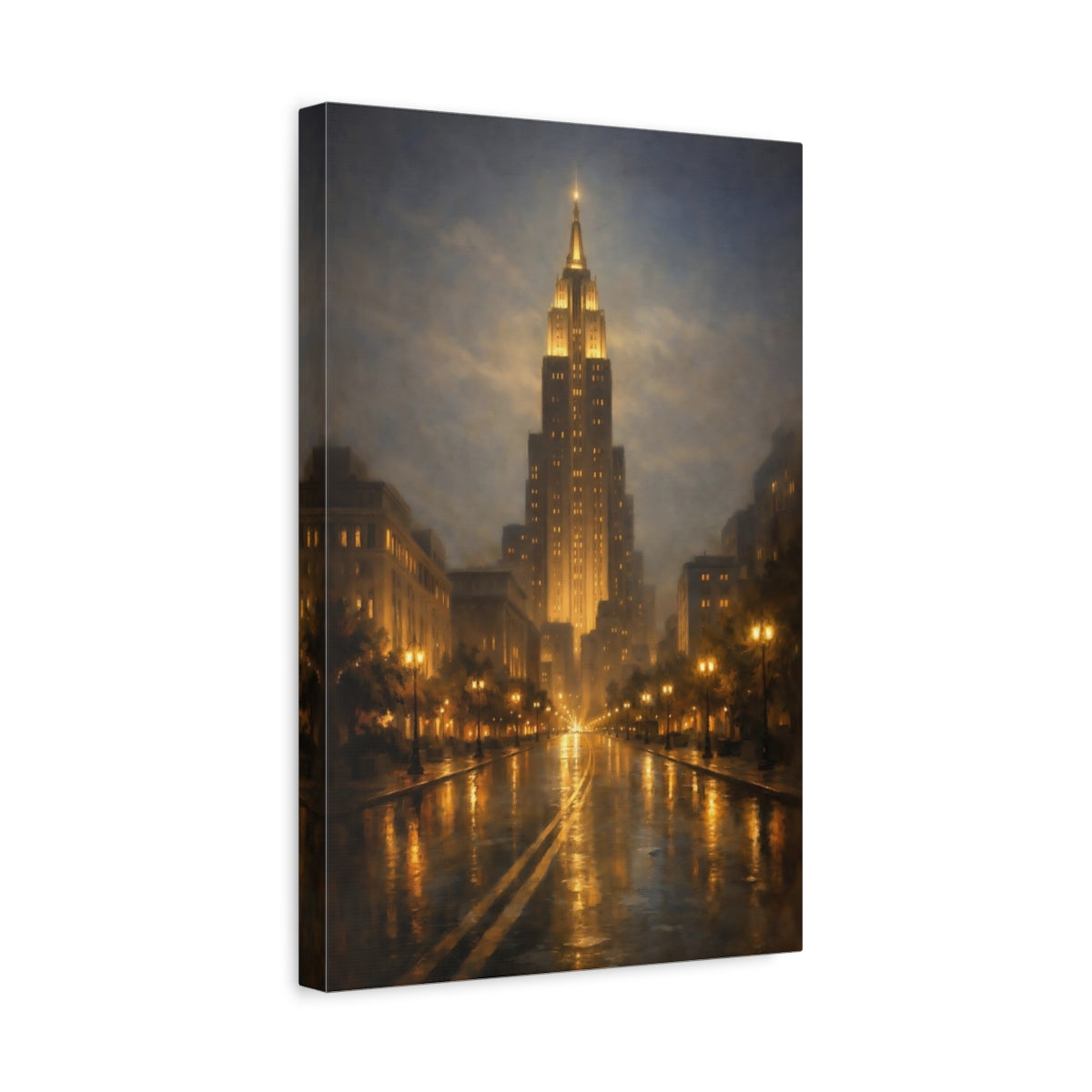Side Mockup 4. Vintage Cityscape Golden Cityscape shown as stretched canvas wall art