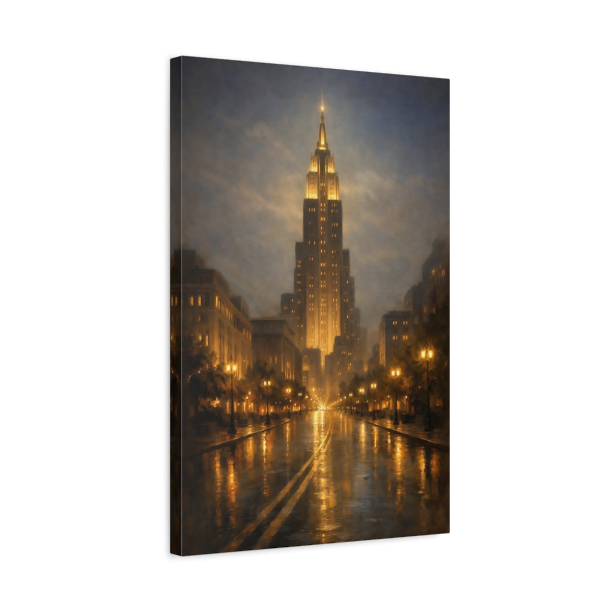 Side Mockup 3. Vintage Cityscape Golden Cityscape shown as stretched canvas wall art