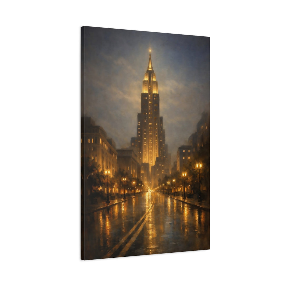 Side Mockup 1. Vintage Cityscape Golden Cityscape shown as stretched canvas wall art