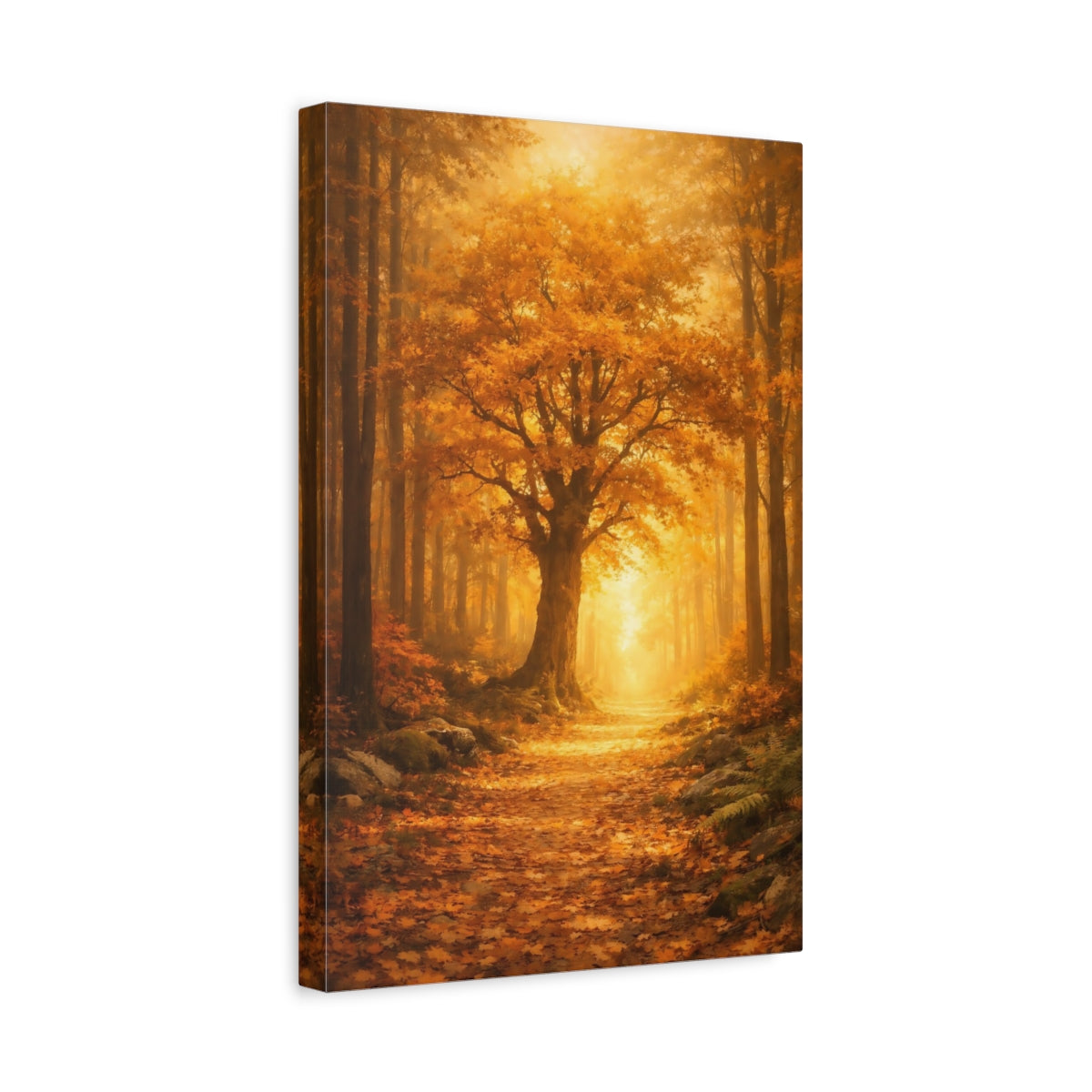 Side Mockup 4. Nature Autumn Forest Golden Forest Path shown as stretched canvas wall art
