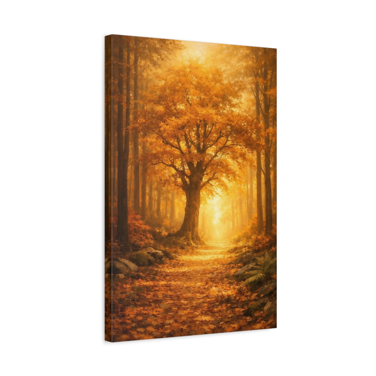 Side Mockup 3. Nature Autumn Forest Golden Forest Path shown as stretched canvas wall art