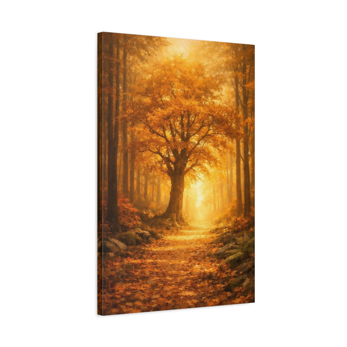 Side Mockup 2. Nature Autumn Forest Golden Forest Path shown as stretched canvas wall art